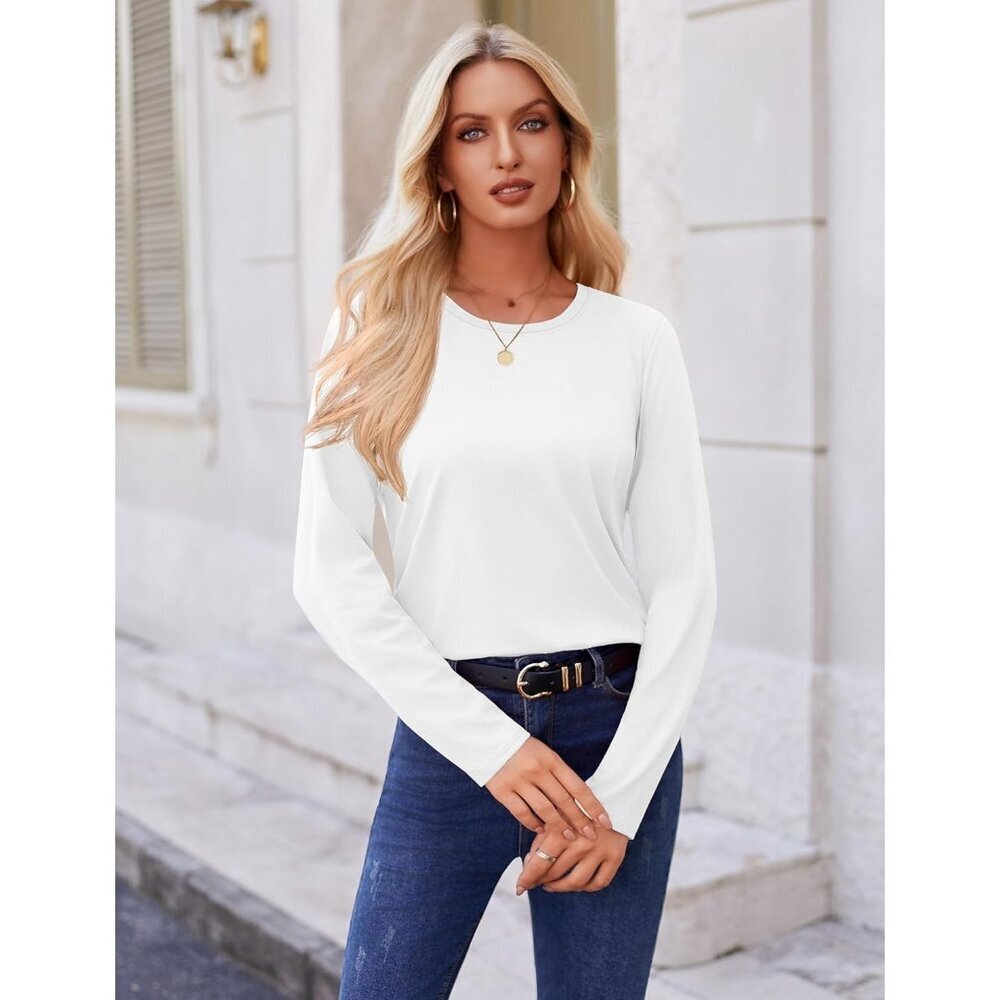 Long Sleeve Shirts Women Loose Fit Crewneck Side Split Curved Hem Casual Tops - Picture 2 of 7